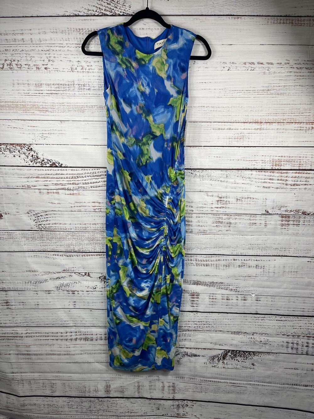 Taylor Dress Women's Size 4 Blue Biscayne Floral Ruched Sleeveless Midi Fashion